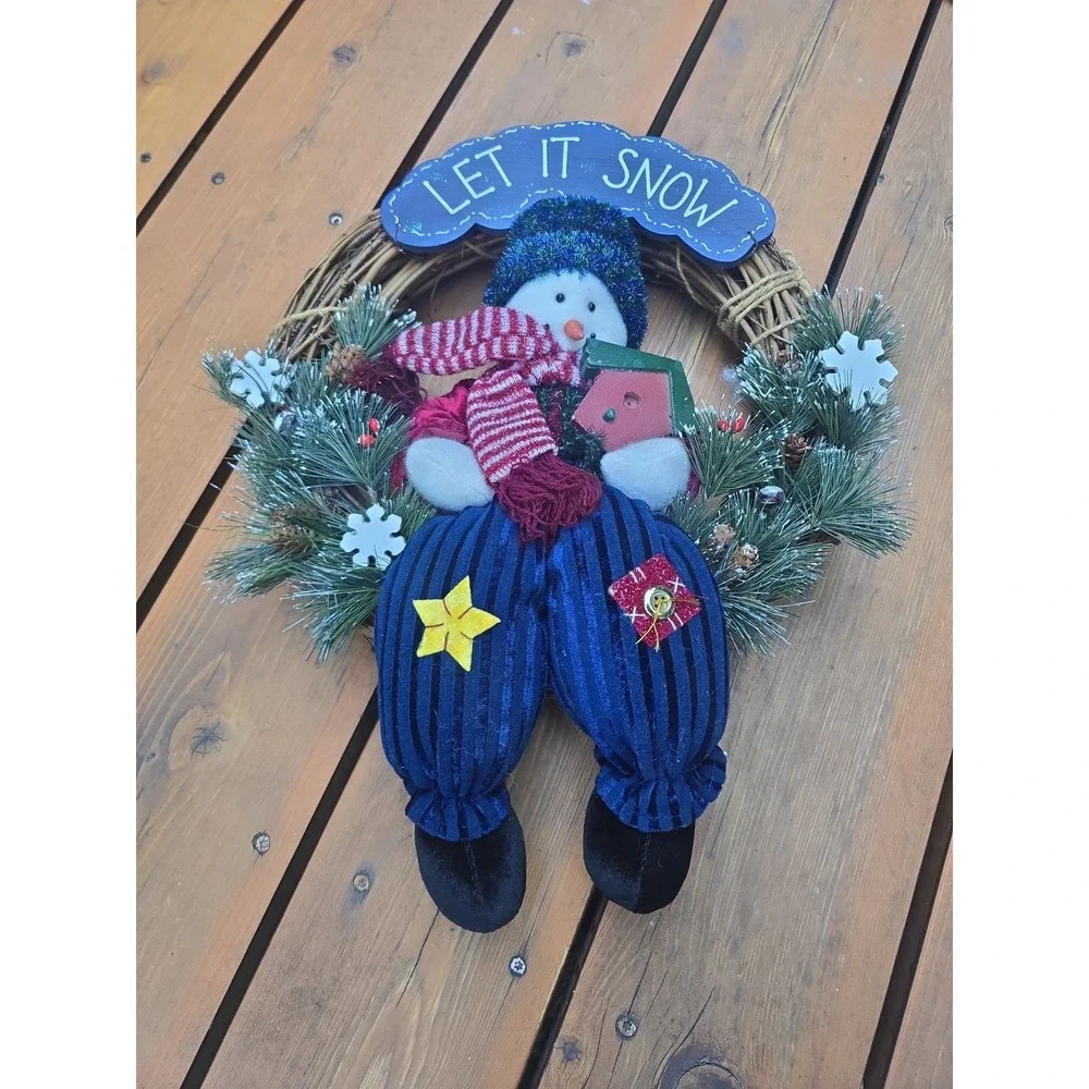 Let It Snow Snowman Grapevine Wreath Christmas Holiday Front Door Decor 16